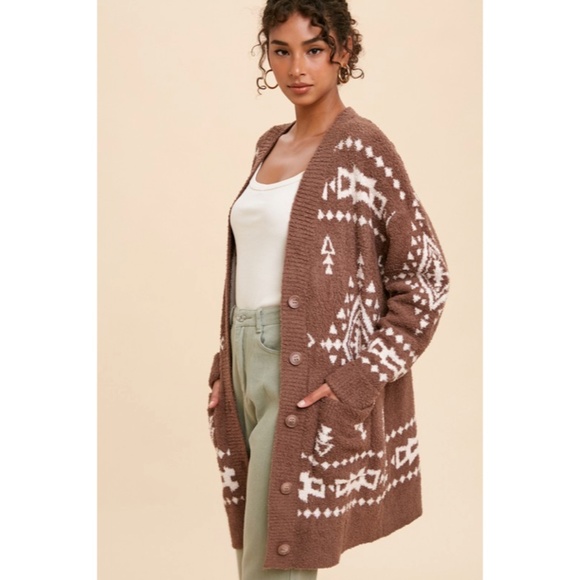 SOLD OUT Taupe Tribal Knit Soft Western Popcorn Textured Button Up Cardigan - Picture 4 of 6